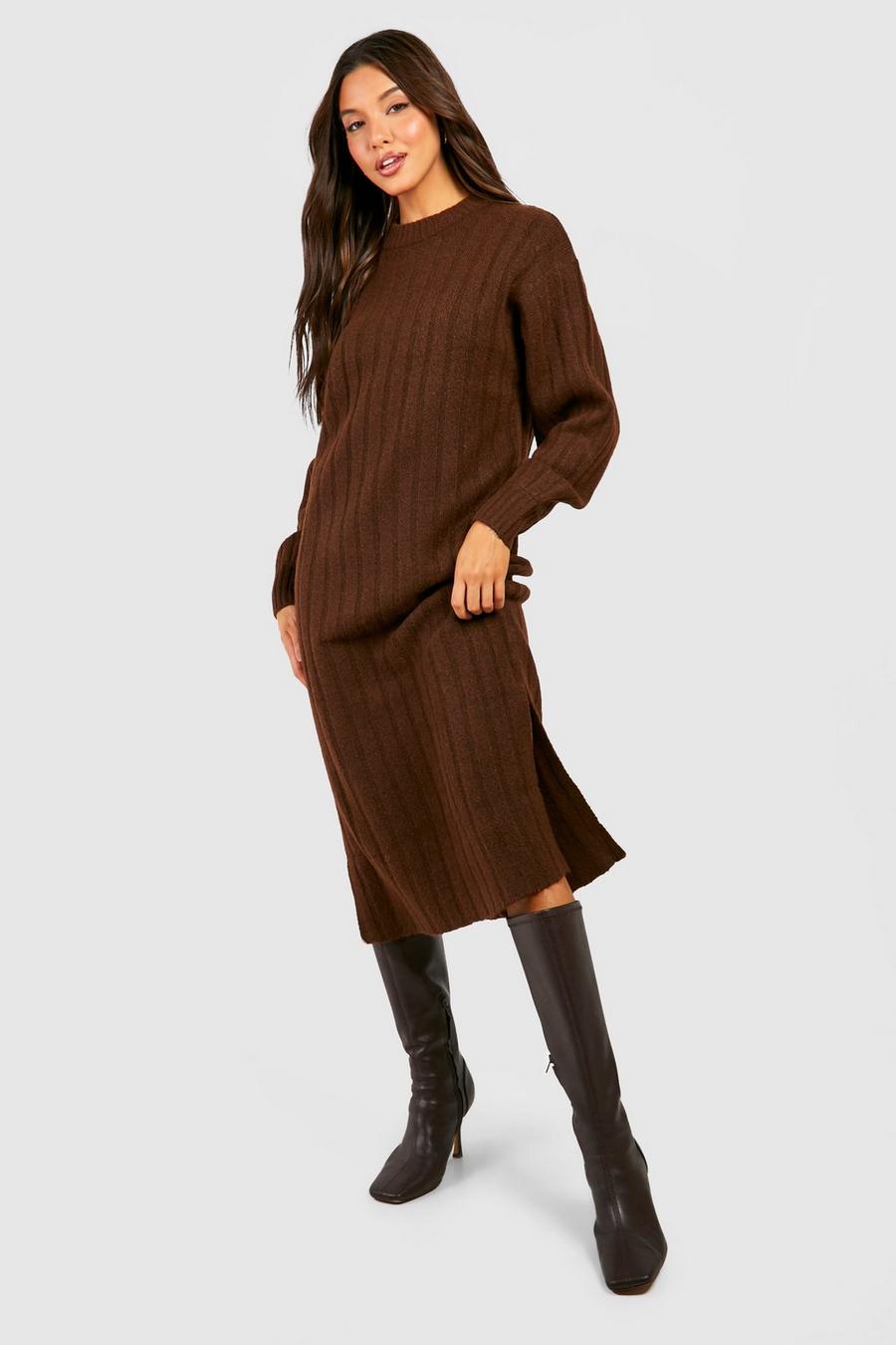 Brown Chunky Rib Soft Knitted Midi Dress image number 1