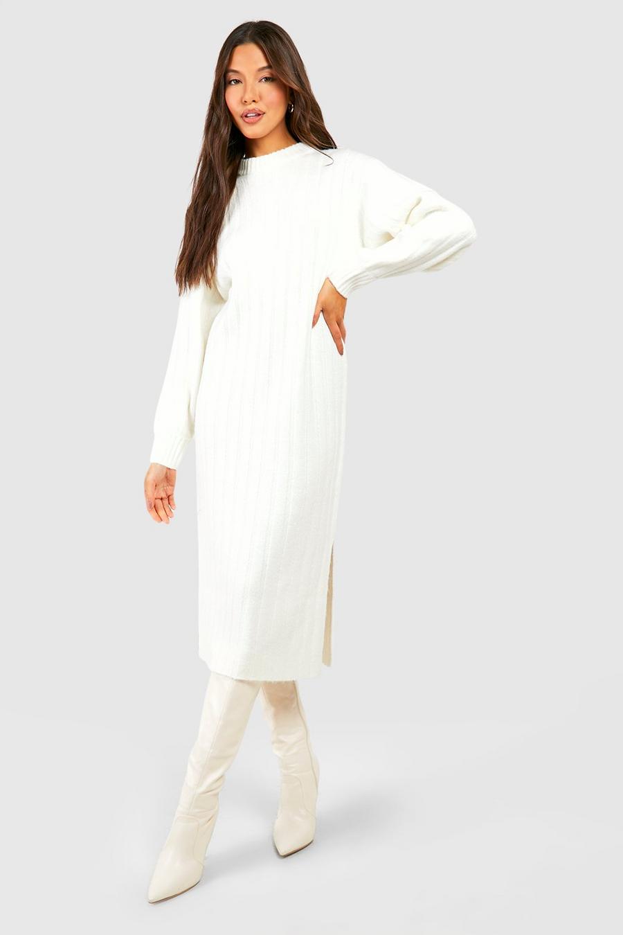 Cream Chunky Rib Soft Knitted Midi Dress image number 1