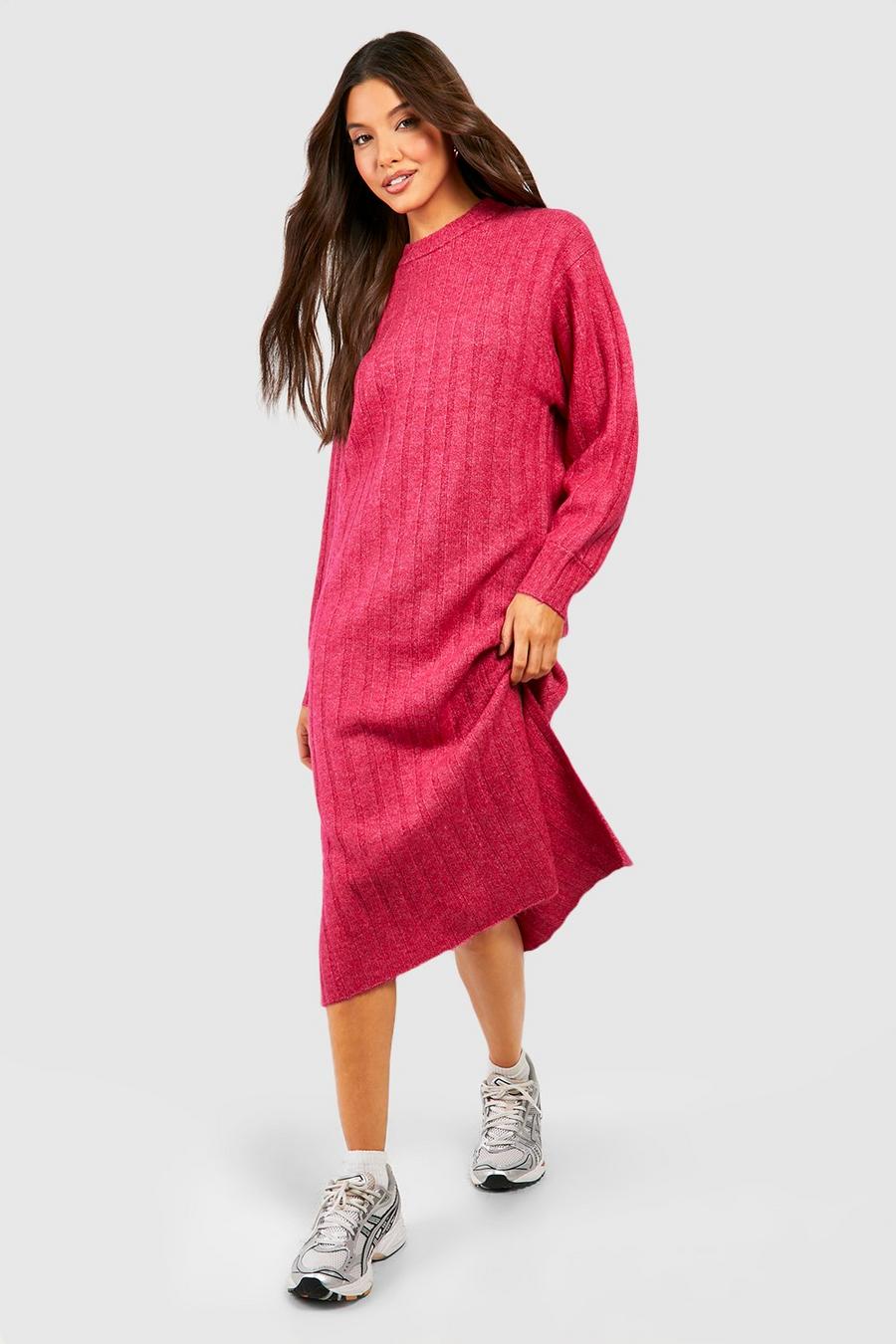 Raspberry Chunky Rib Soft Knitted Midi Dress