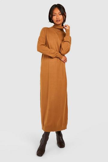 Fine Knit Turtleneck Knitted Midi Dress biscuit