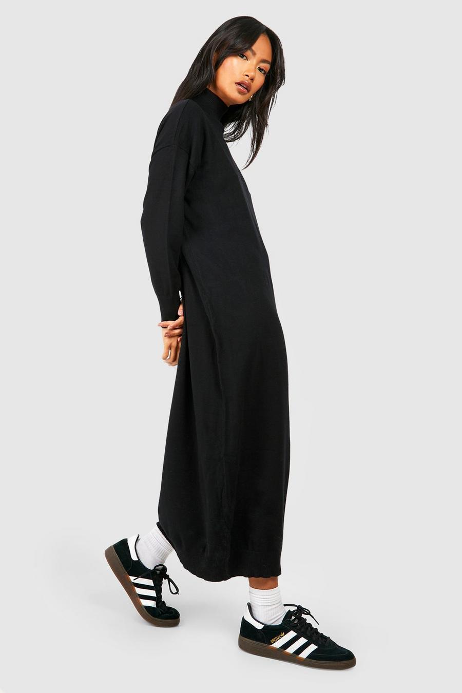 Black Fine Knit Roll Neck Knitted Midaxi Dress