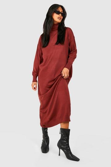 Fine Knit Roll Neck Knitted Midaxi Dress brick