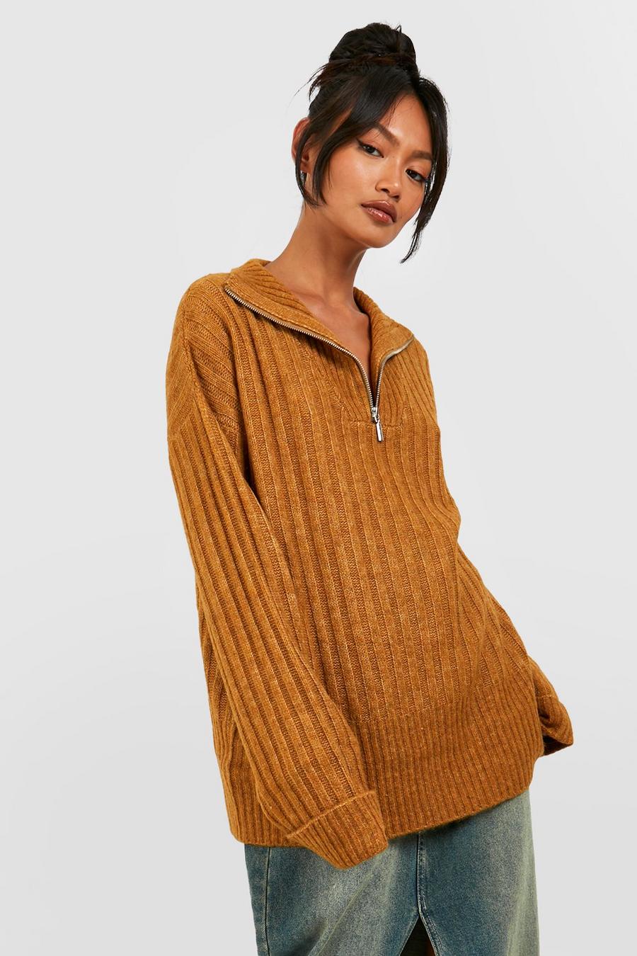 Biscuit Soft Wide Rib Knit Half Zip Funnel Neck Sweater image number 1