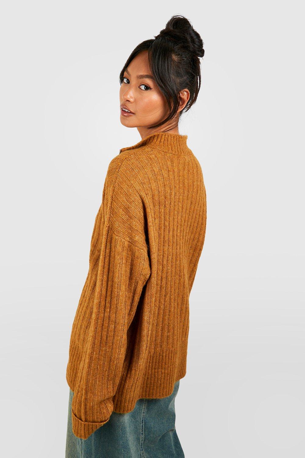 Soft Wide Rib Knit Half Zip Funnel Neck Jumper