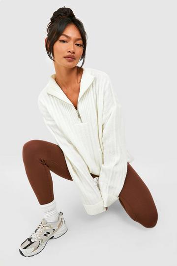 Soft Wide Rib Knit Half Zip Funnel Neck Jumper cream