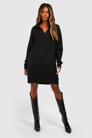 Soft Wide Rib Knit Collared Sweater Dress black