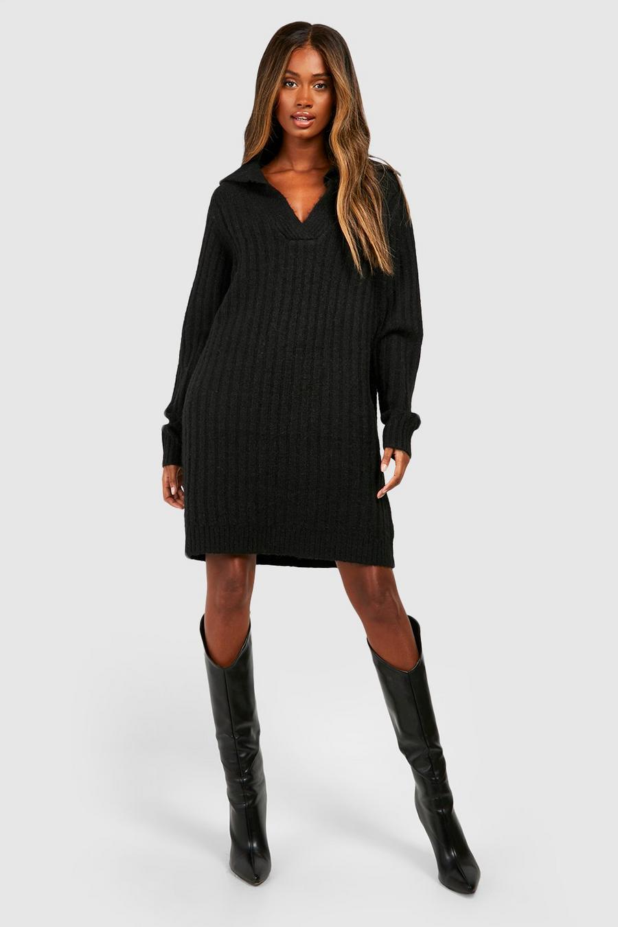 Black Soft Wide Rib Knit Collared Jumper Dress image number 1