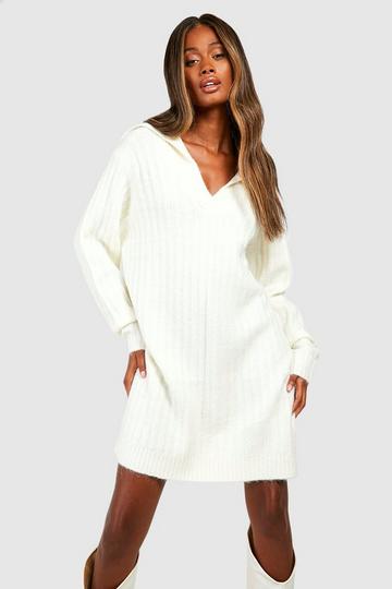 Cream White Soft Wide Rib Knit Collared Sweater Dress