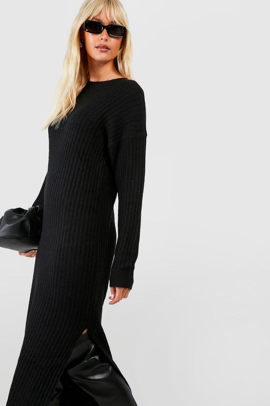 Black Soft Rib Knit Midi Sweater Dress image number 1