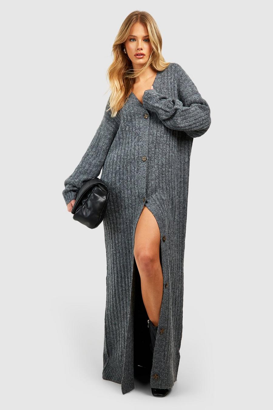 Cardigan maxi a coste ampie morbide, Charcoal image number 1