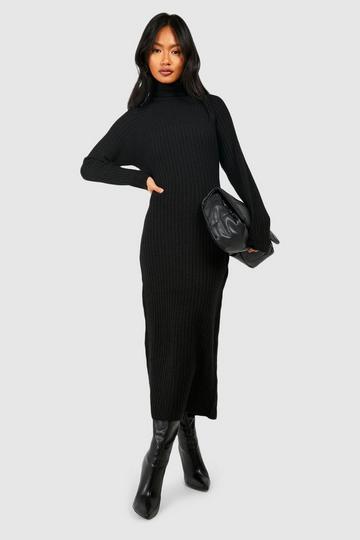Black Soft Rib Knit Turtleneck Midi Sweater Dress
