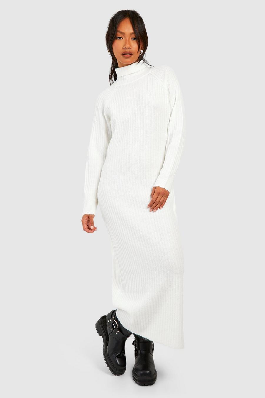 Vestito longuette in maglia a coste morbide con collo alto, Cream image number 1