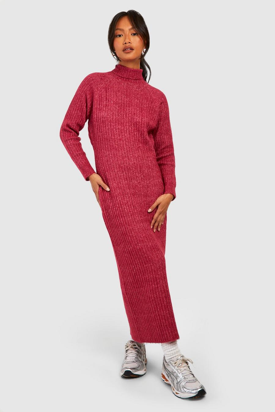 Raspberry Soft Rib Knit Turtleneck Midi Sweater Dress image number 1