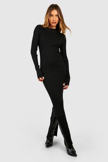 High Neck Rib Knitted Maxi Dress black