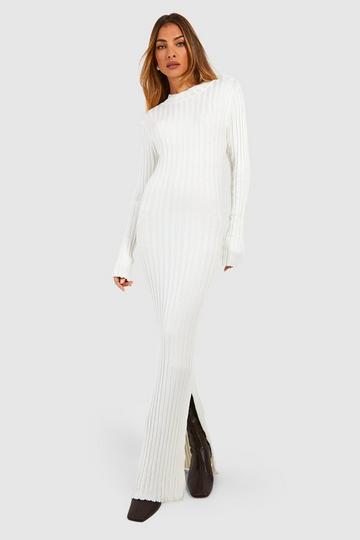 High Neck Rib Knitted Maxi Dress white