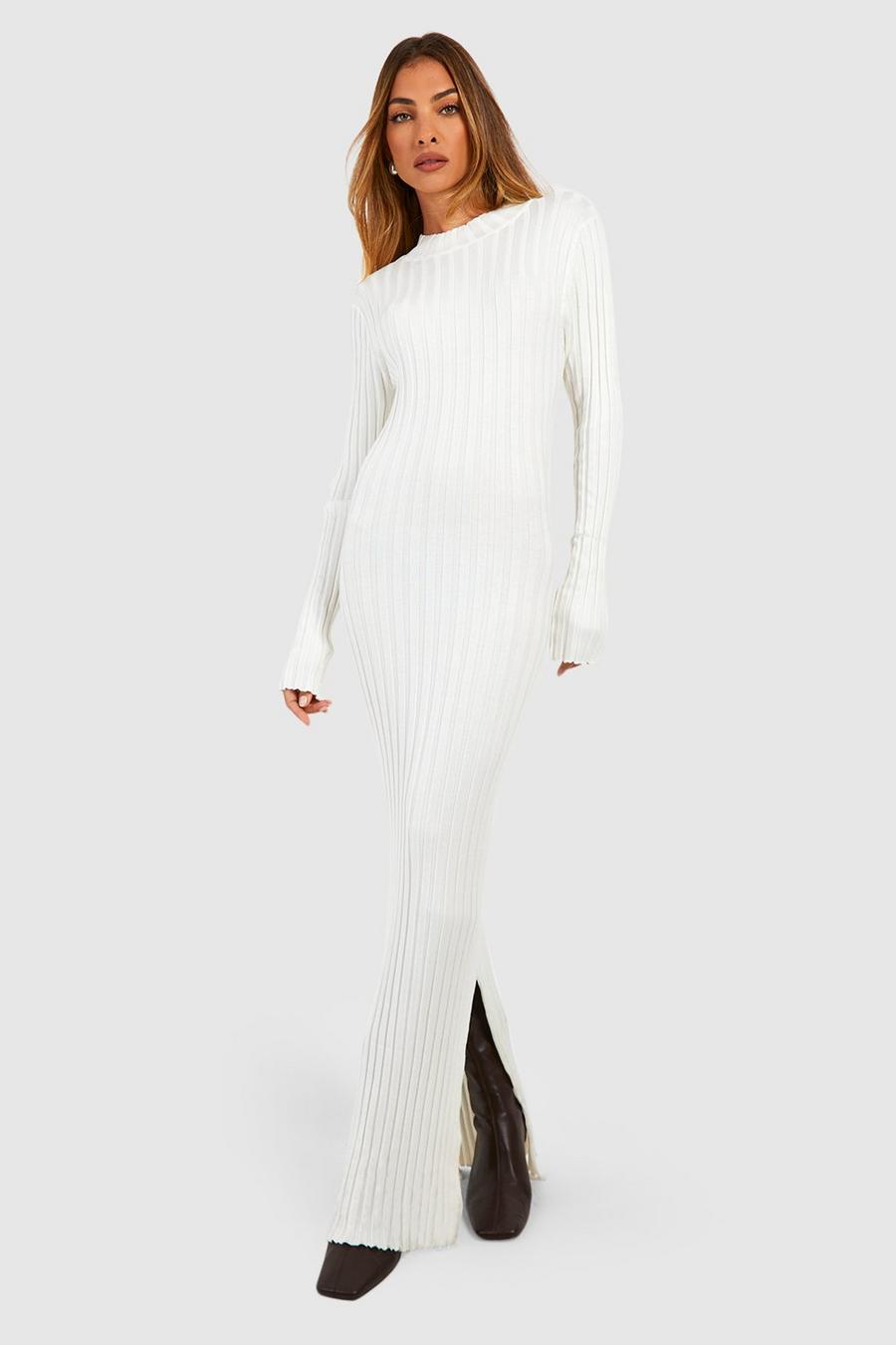 White High Neck Rib Knitted Maxi Dress image number 1