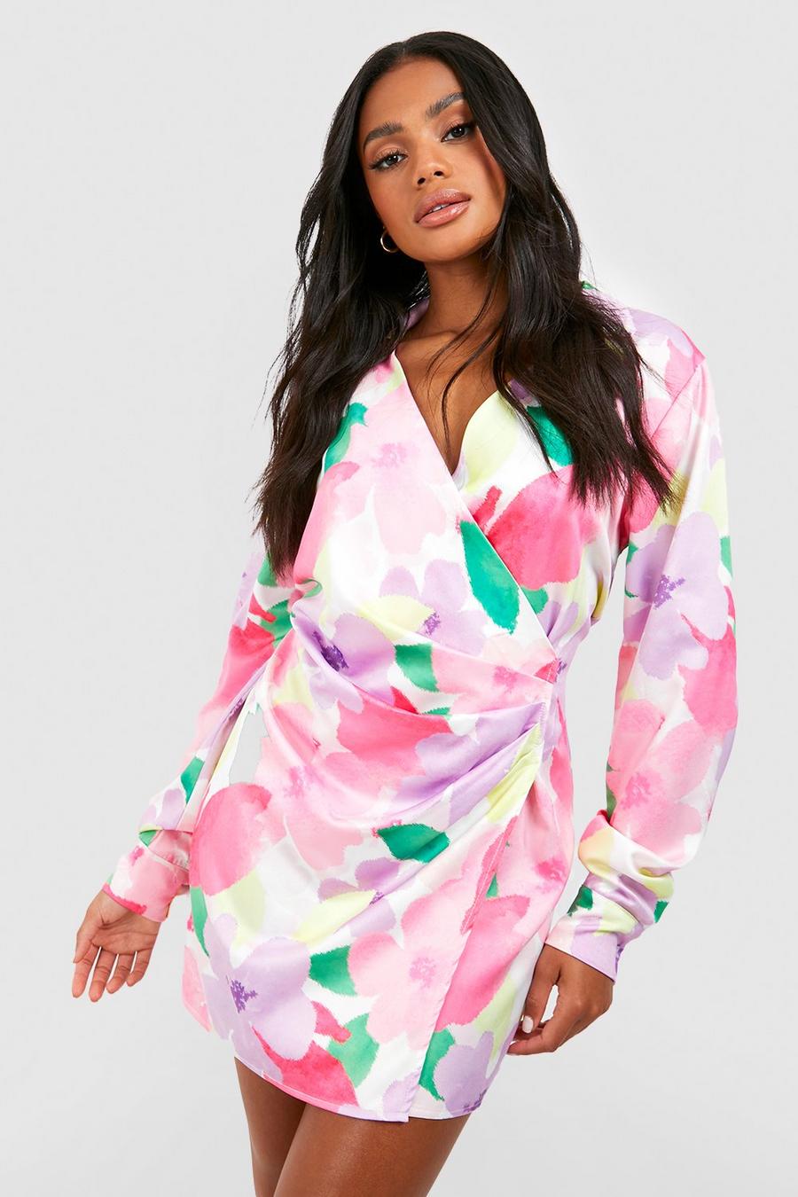 Purple Floral Satin Wrap Shirt Dress