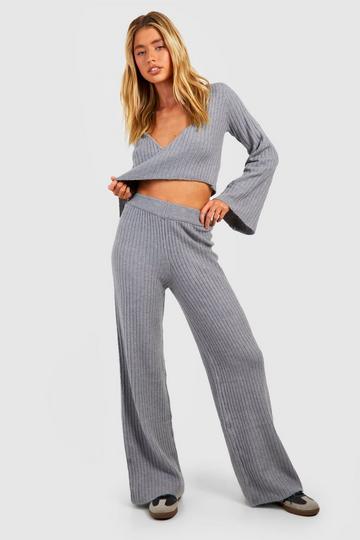 Wrap Rib Sweater And Wide Leg Knitted Two-Piece grey