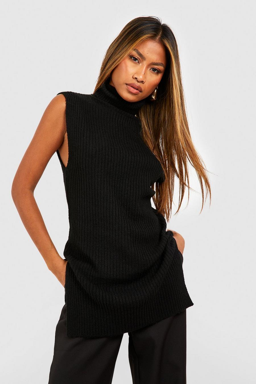 Black Roll Neck Rib Kntted Longline Tank  image number 1