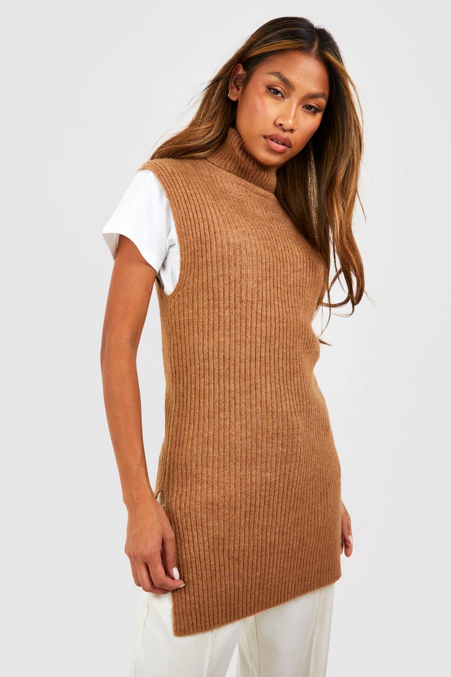 Taupe Roll Neck Rib Kntted Longline Tank 