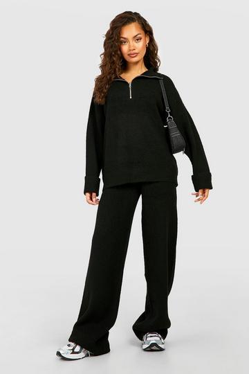 Half Zip Funnel Neck And Wide Leg Trouser Knitted Tracksuit black