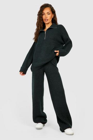 Half Zip Funnel Neck And Wide Leg Trouser Knitted Set ink