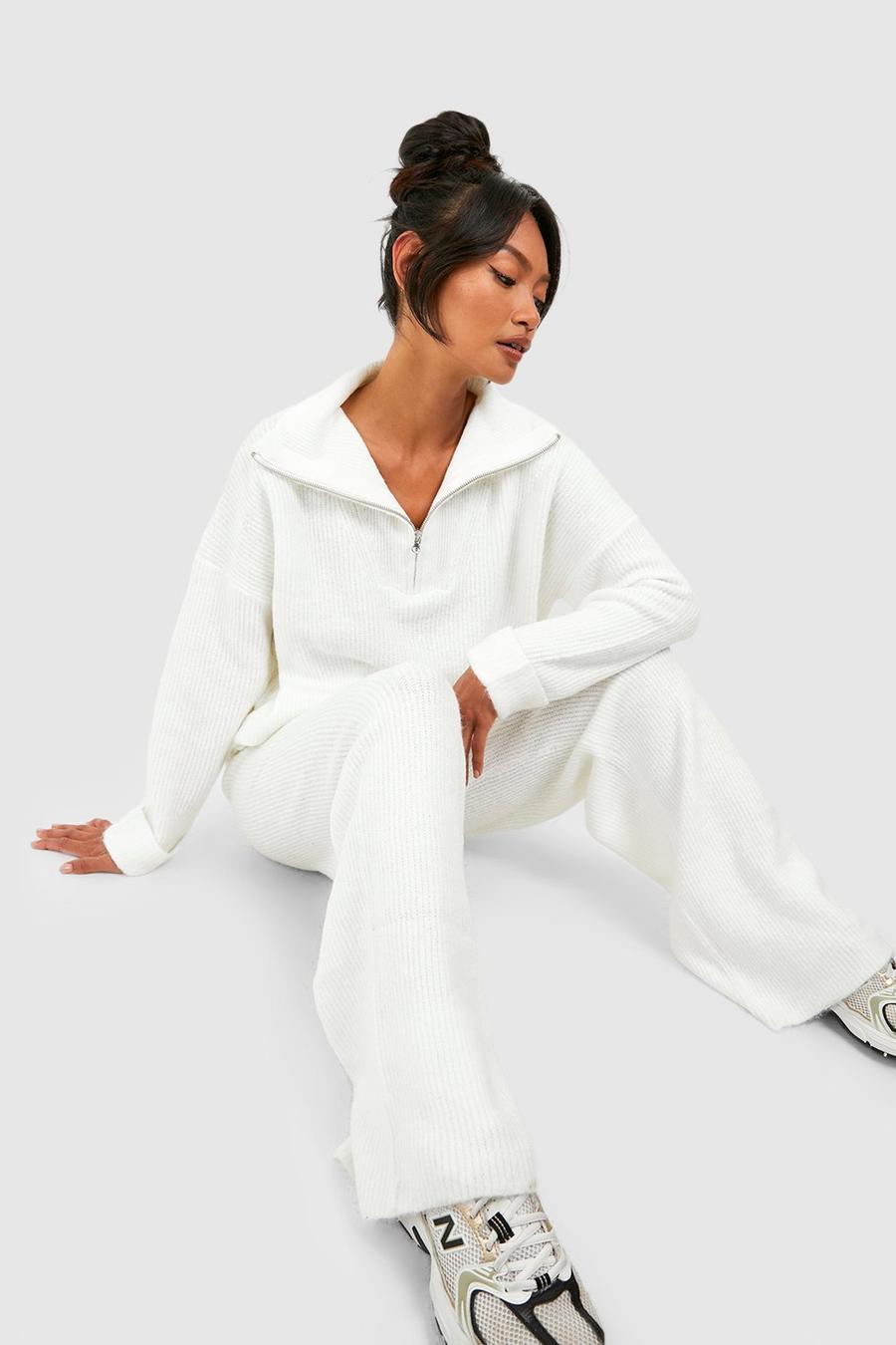 White Half Zip Funnel Neck And Wide Leg Trouser Knitted Set image number 1