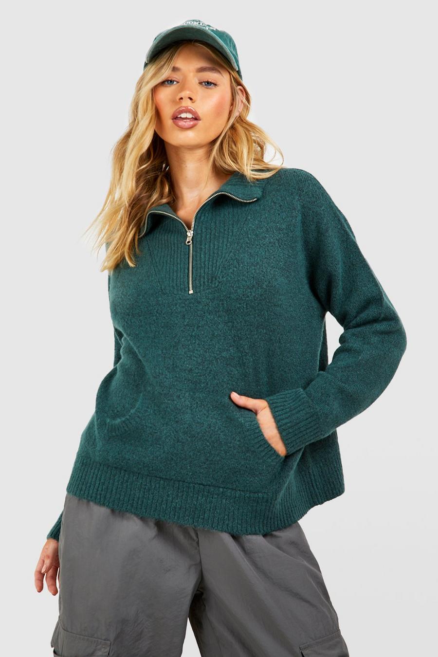 Bottle green Half Zip Collared Polo Sweater image number 1