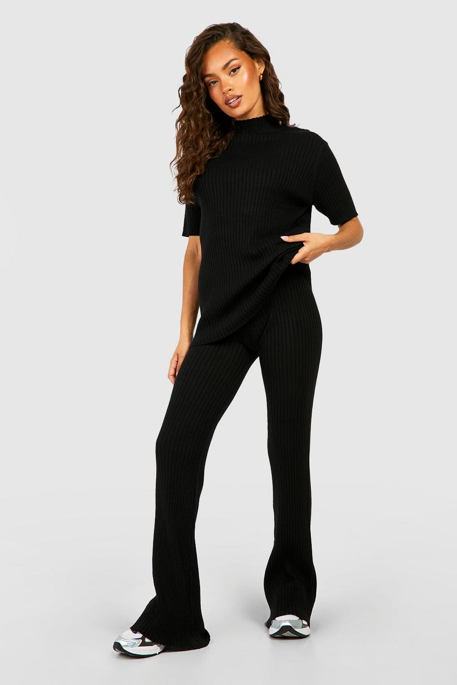 Black Rib Knitted Tunic And Wide Leg Pants Set image number 1