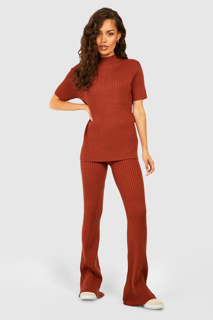 Rust Rib Knitted Tunic And Wide Leg Pants Set image number 1