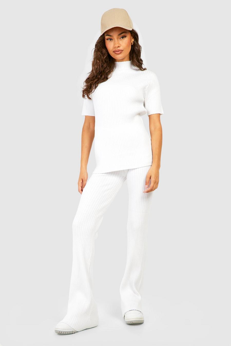 White Rib Knitted Tunic And Wide Leg Pants Set image number 1