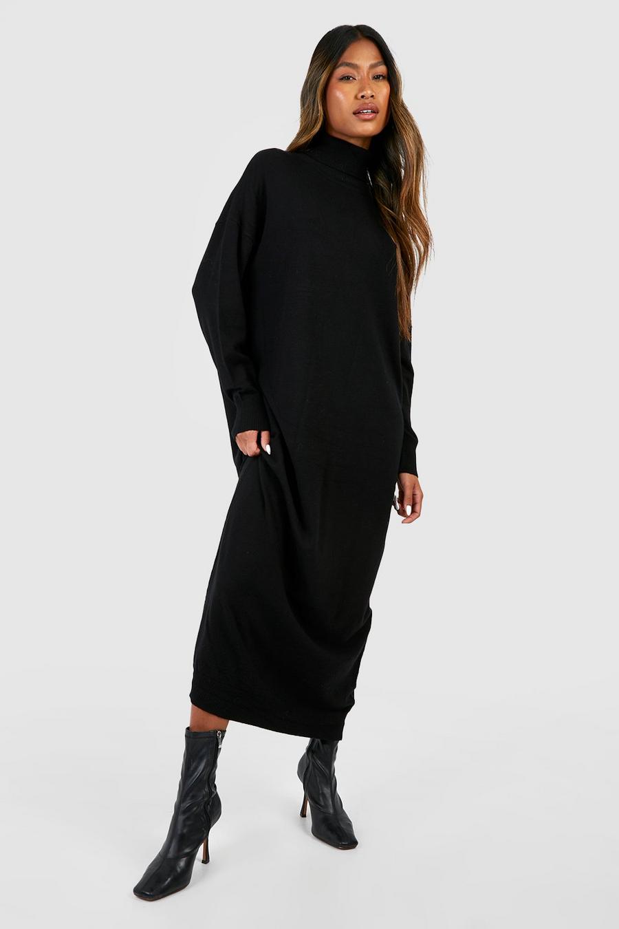 Black Fine Knit Turtleneck Knitted Midi Dress image number 1