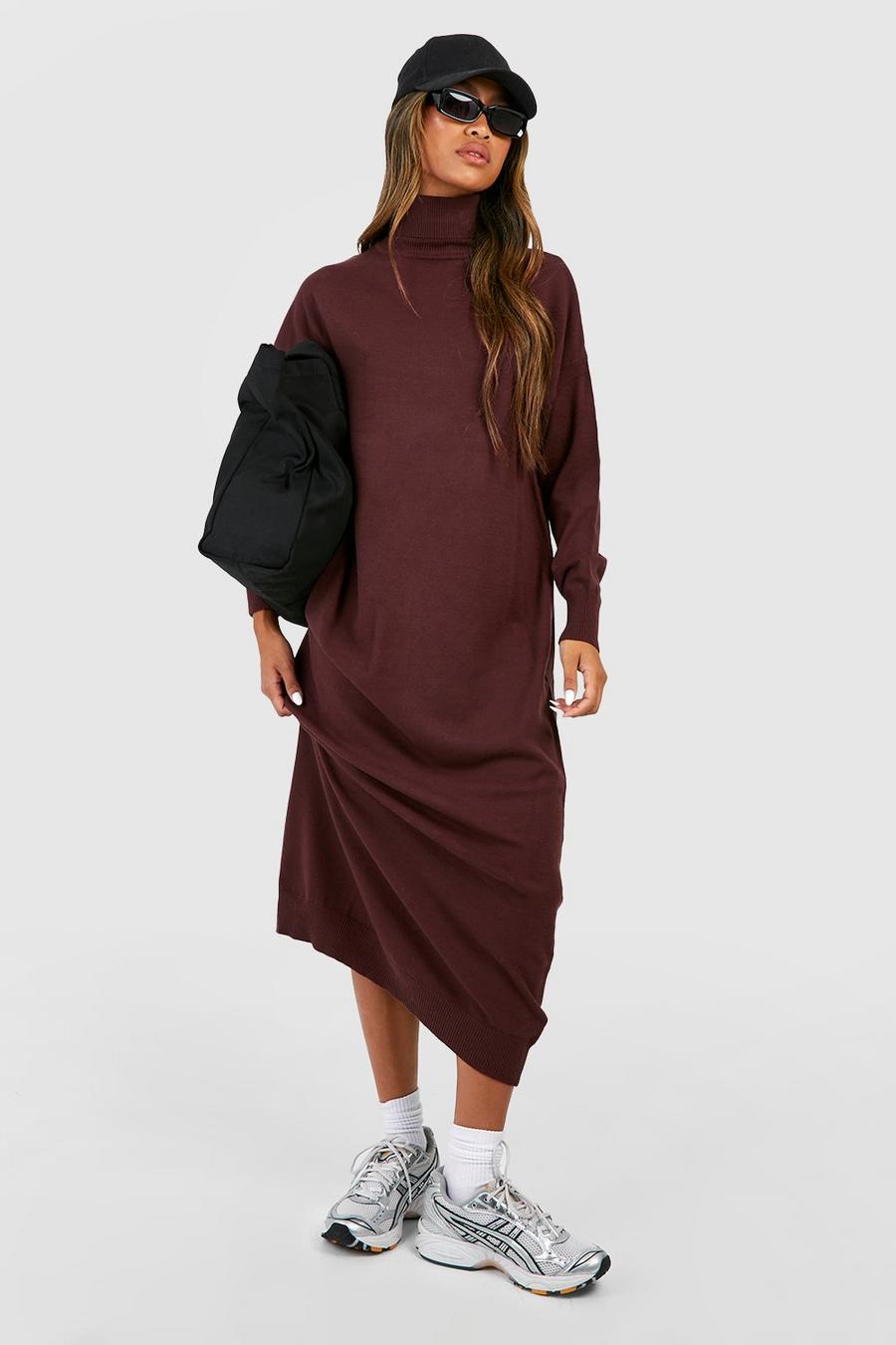 Chocolate Fine Knit Turtleneck Knitted Midaxi Dress