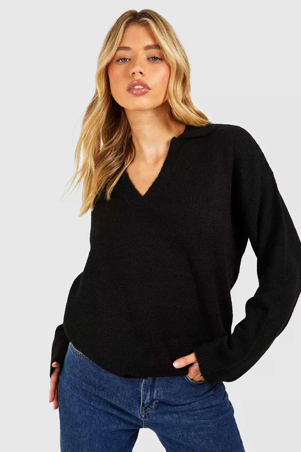 Black Soft Knit Collared Jumper صورة بديلة