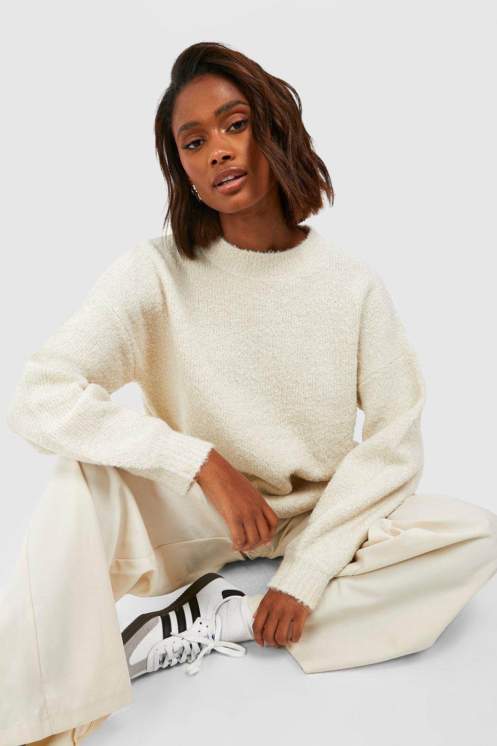 boohoo Boucle Knit Oversized Sweater Cream Size S