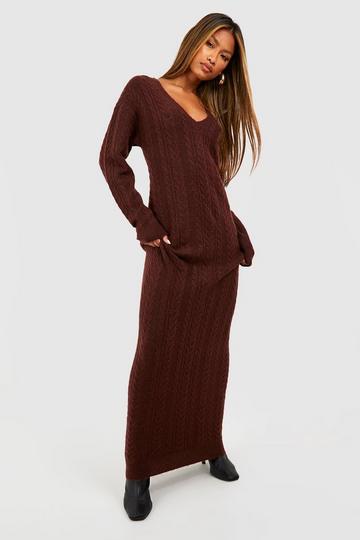 Cable Knit V Neck Maxi Sweater Dress chocolate
