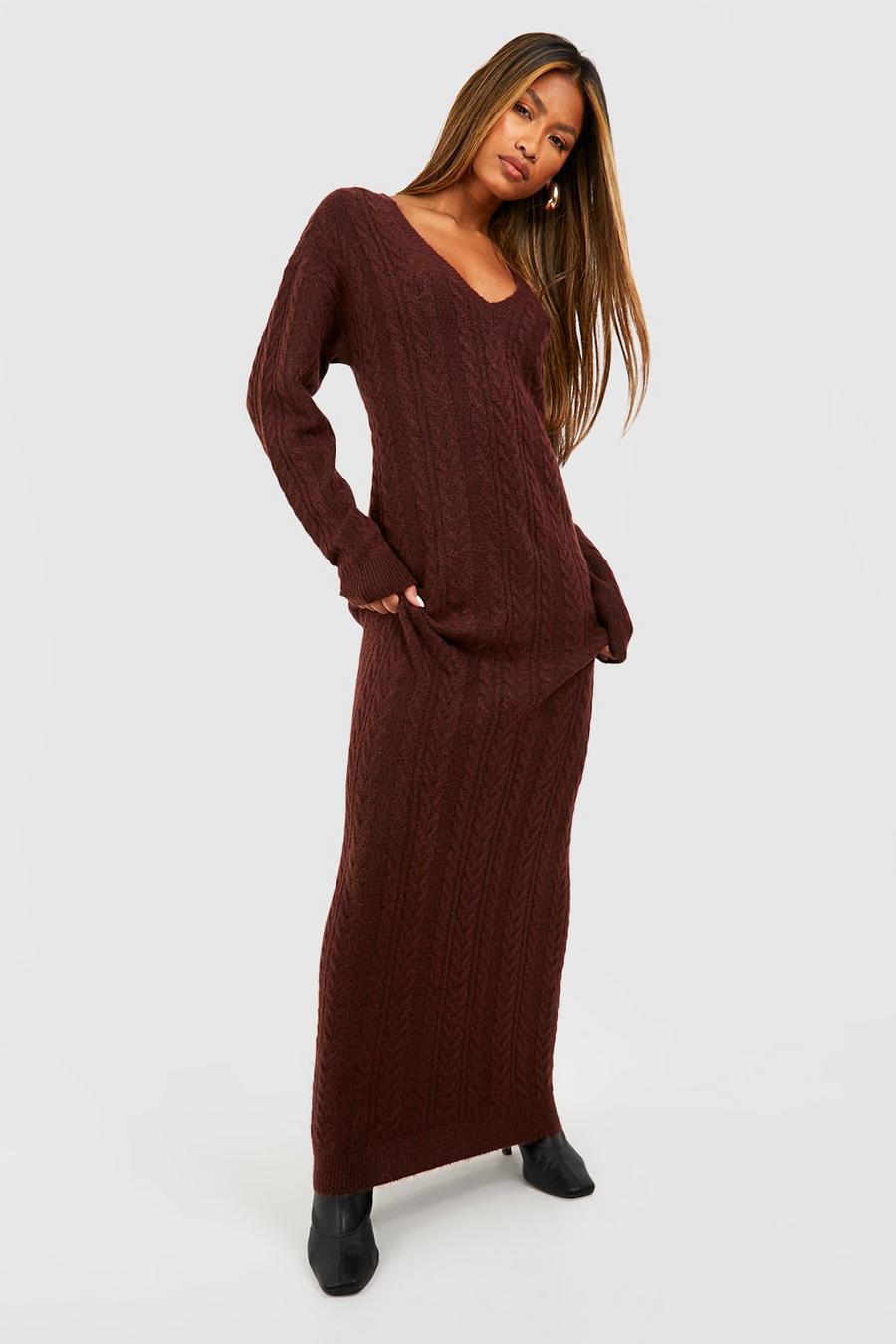 Chocolate Cable Knit V Neck Maxi Jumper Dress image number 1