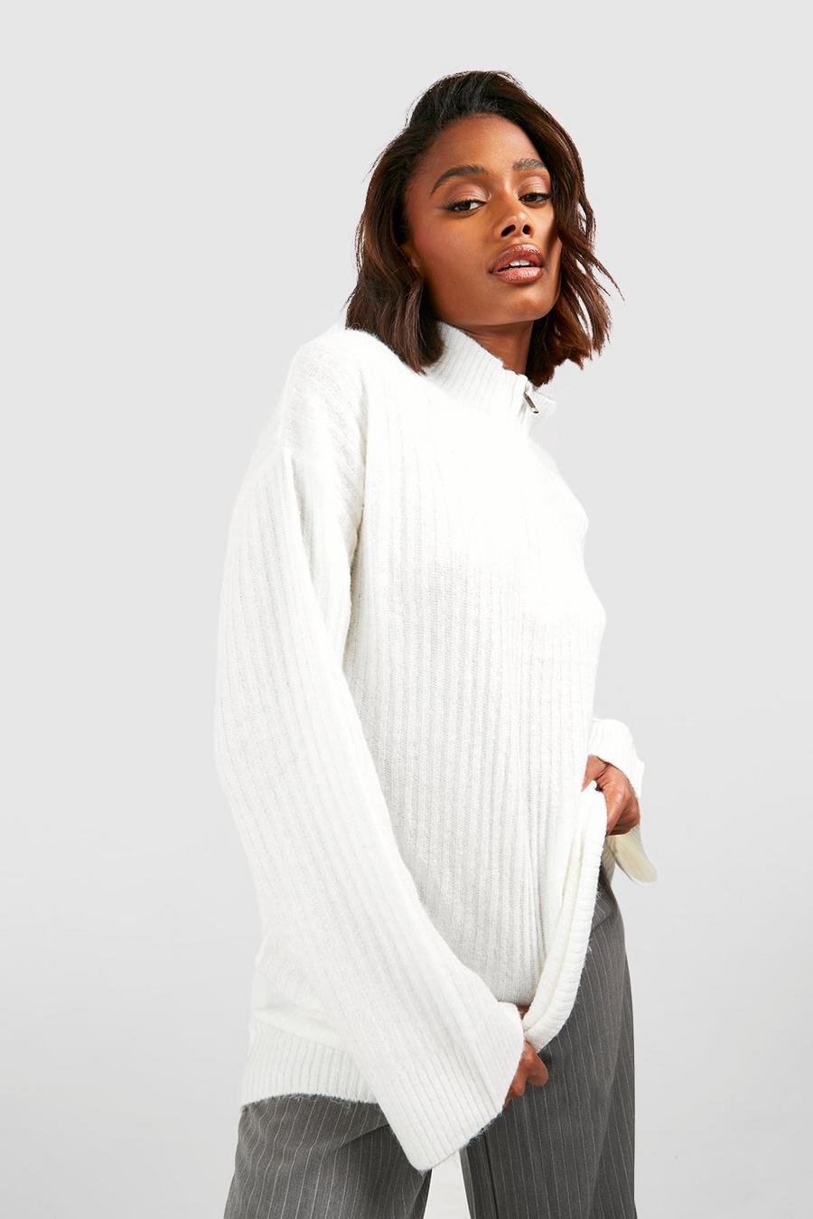 White Soft Rib Knit Funnel Neck Sweater image number 1