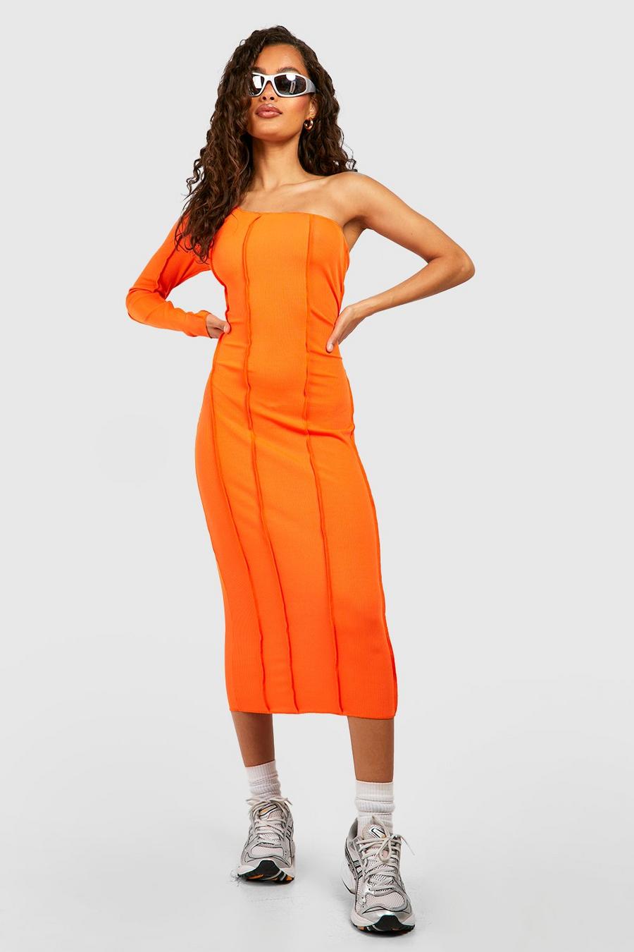 Orange Seam Detail Asymmetric Midi Dress image number 1