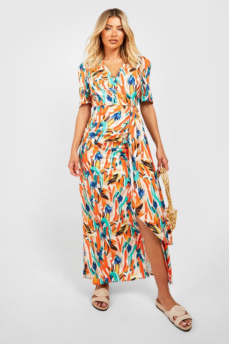 Orange Abstract Puff Sleeve Wrap Dress image number 1