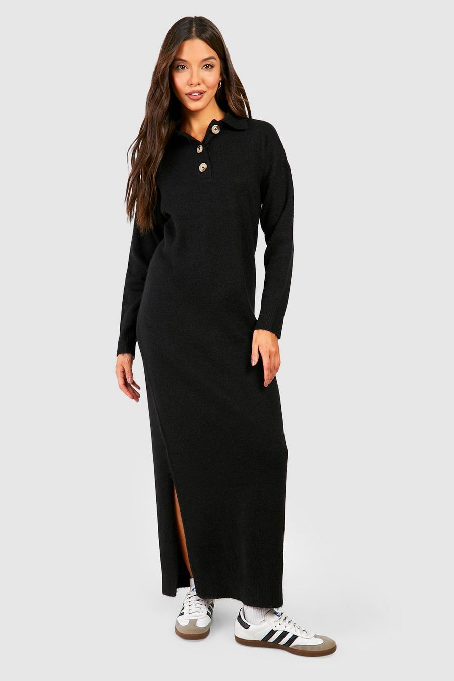 Black Polo Button Collar Knitted Maxi Dress
