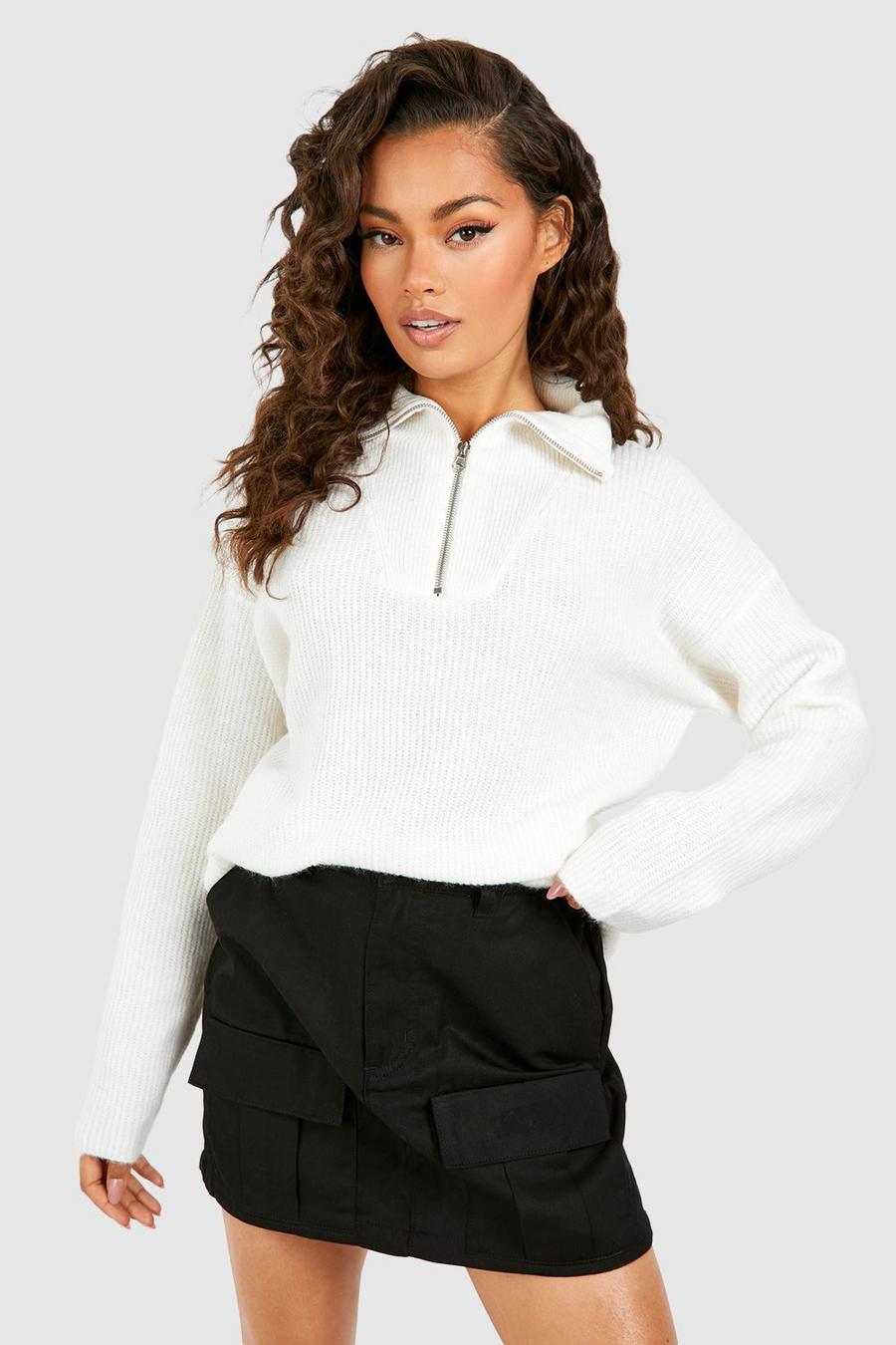 White Soft Knit Funnel Neck Sweater image number 1