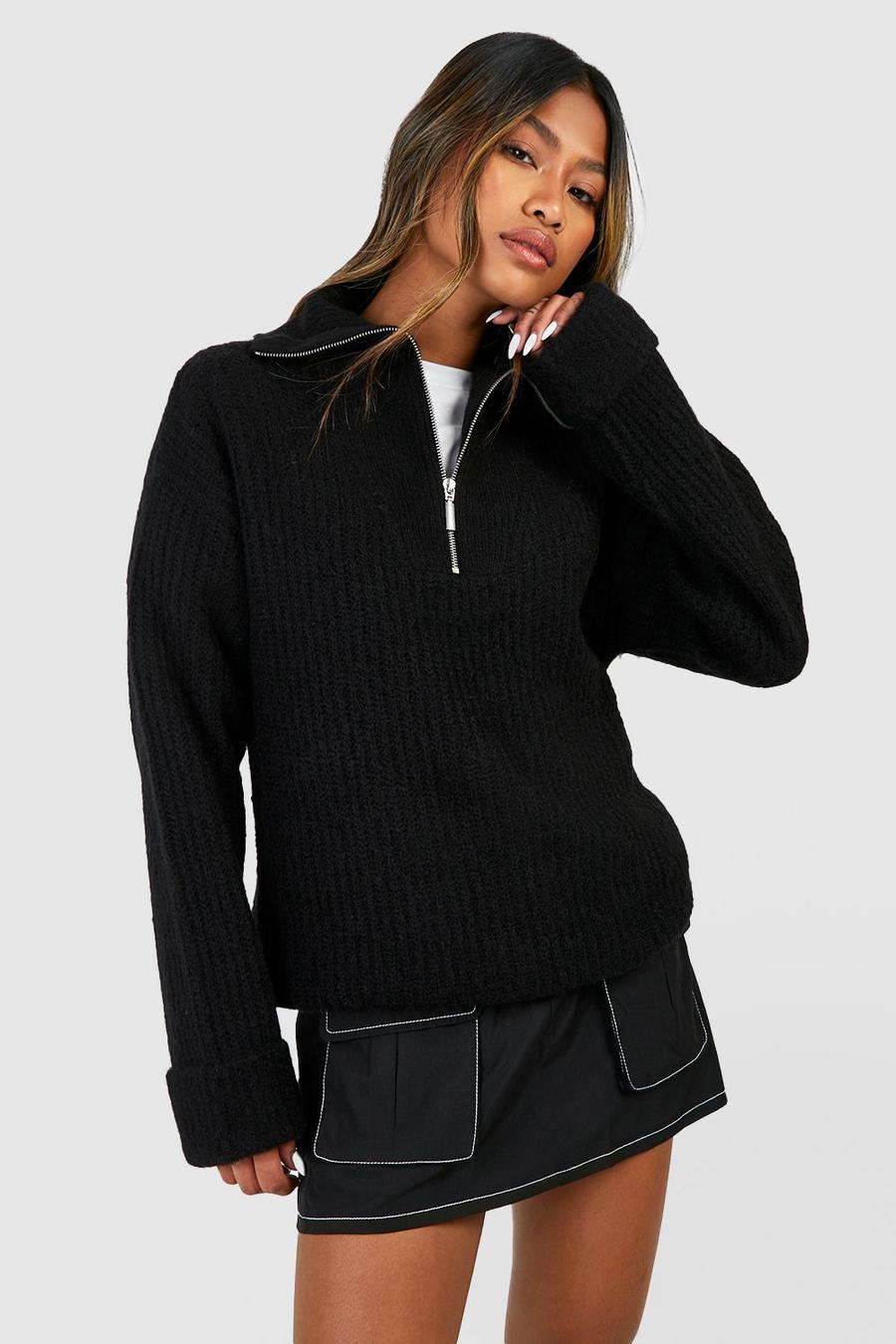 Black Chunky Soft Knit Half Zip Sweater