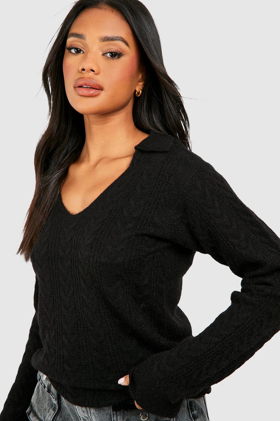 Black Soft Cable Knit Polo Collar Jumper image number 1