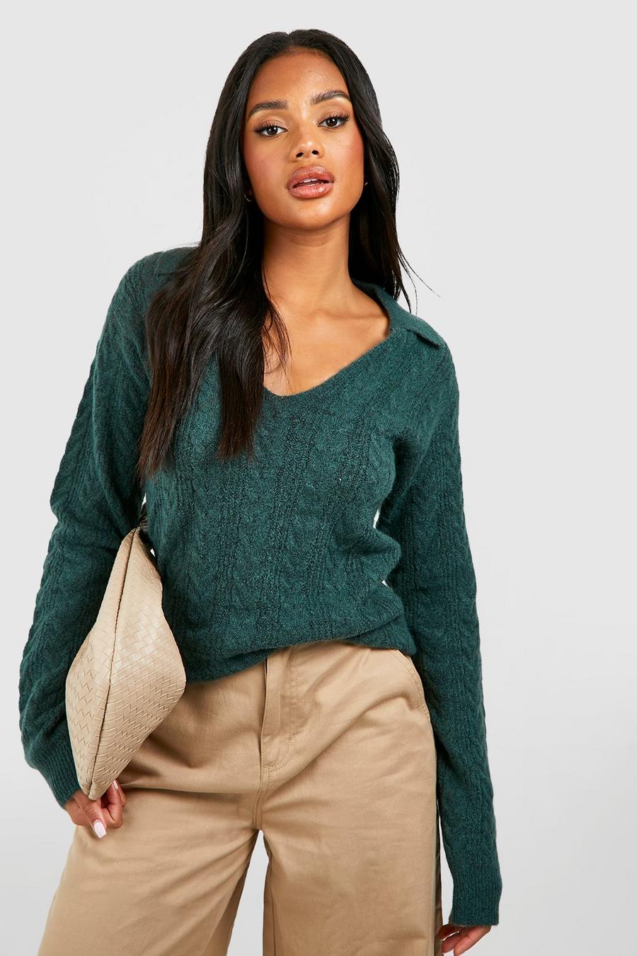 Bottle green Soft Cable Knit Polo Collar Sweater image number 1