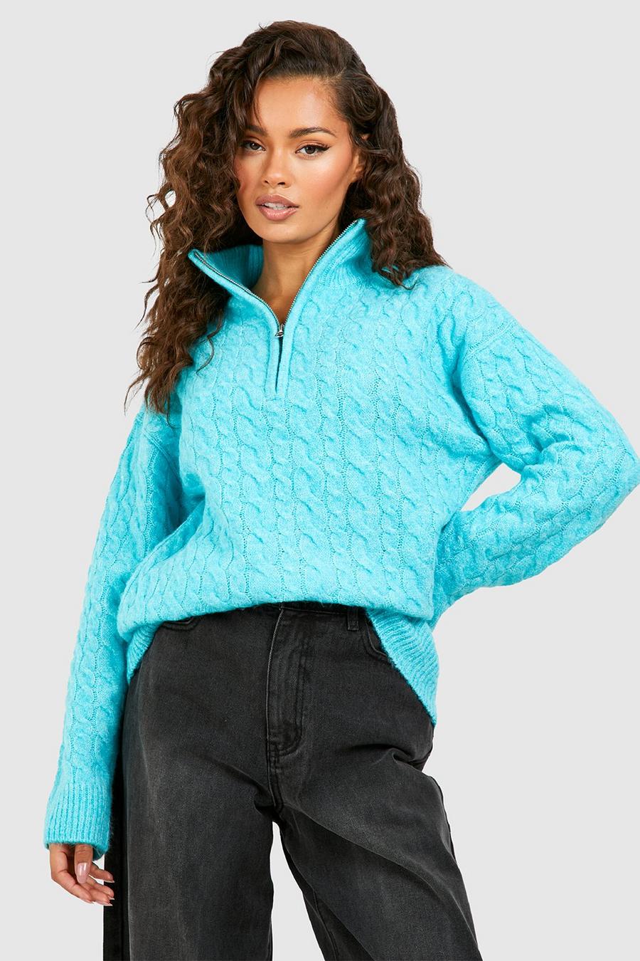 Zopfmuster-Pullover mit halbem Reißverschluss, Turquoise blau