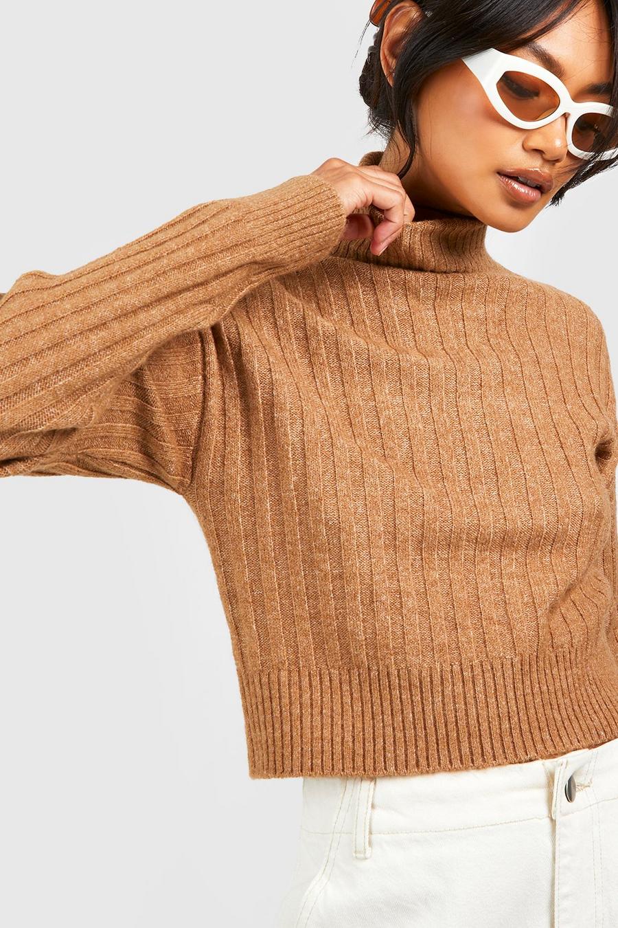 Taupe Soft Rib Knit Roll Neck Crop Jumper image number 1