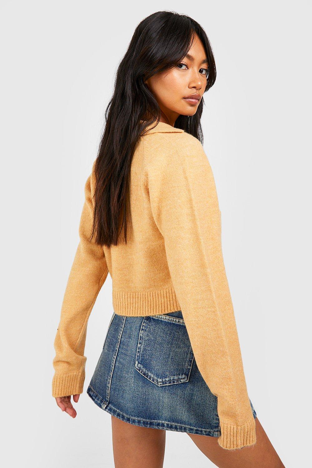 Soft Knit Fine Gauge Cropped Polo Collar Sweater