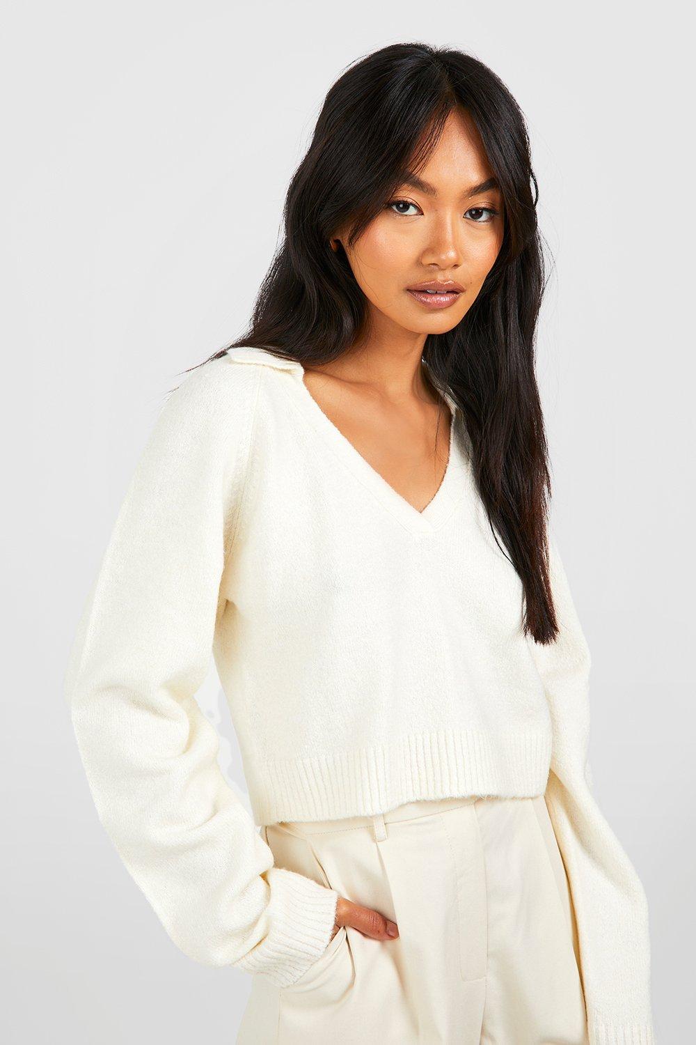 Soft Knit Fine Gauge Cropped Polo Collar Sweater