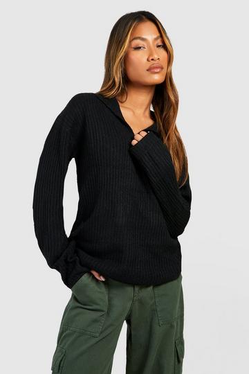 Soft Rib Knit Polo Collar Sweater black